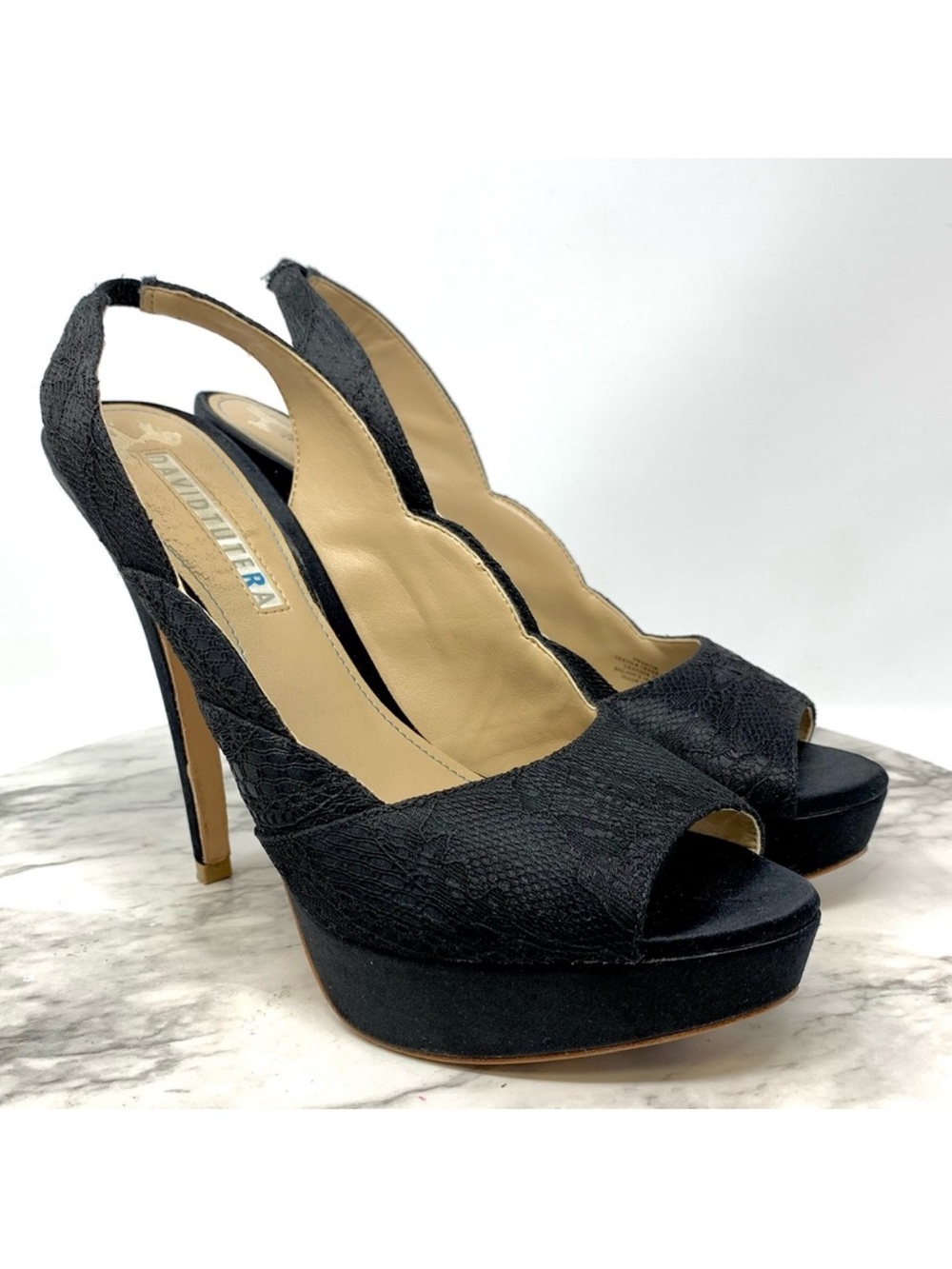 David Tutera Sweetie Black Lace And Satin Peep Toe Slingback 7 Cocktail Evening